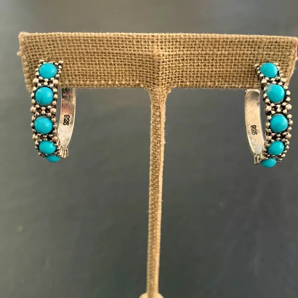 Men’s Sterling Silver Hoop Earrings with Faux Turquoise Cabochons